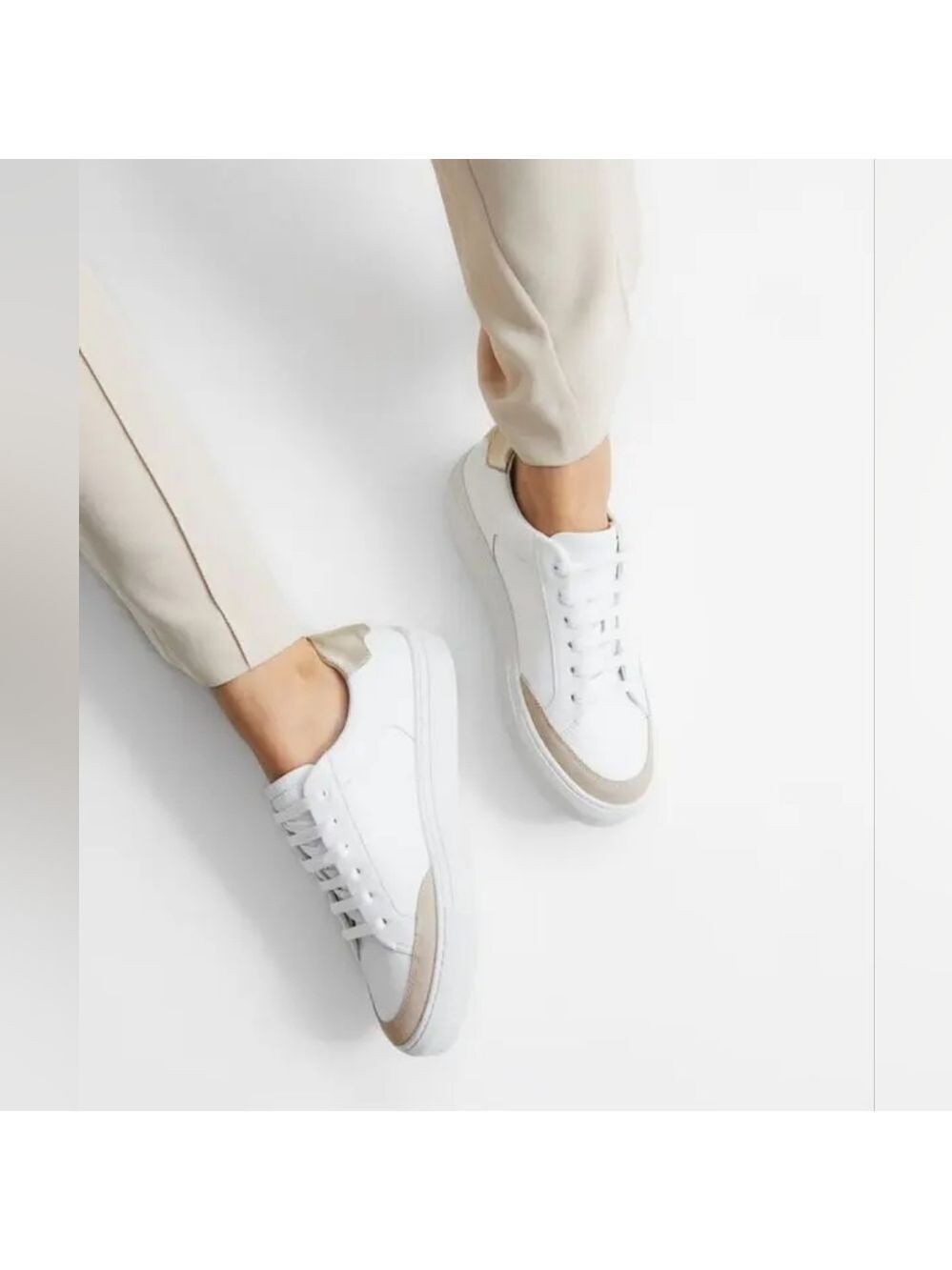 Reiss Ashley White Leather Sneakers Suede Toe Metallic Heel Tab
